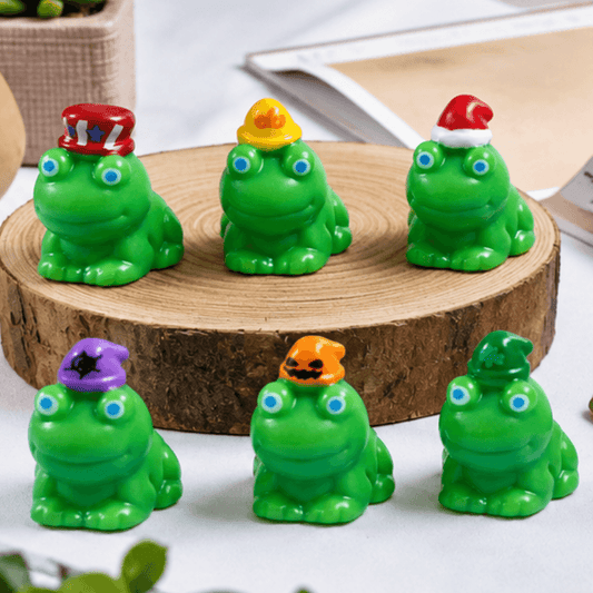 Animal Frog Miniatures with Festive Hats – Set of 7