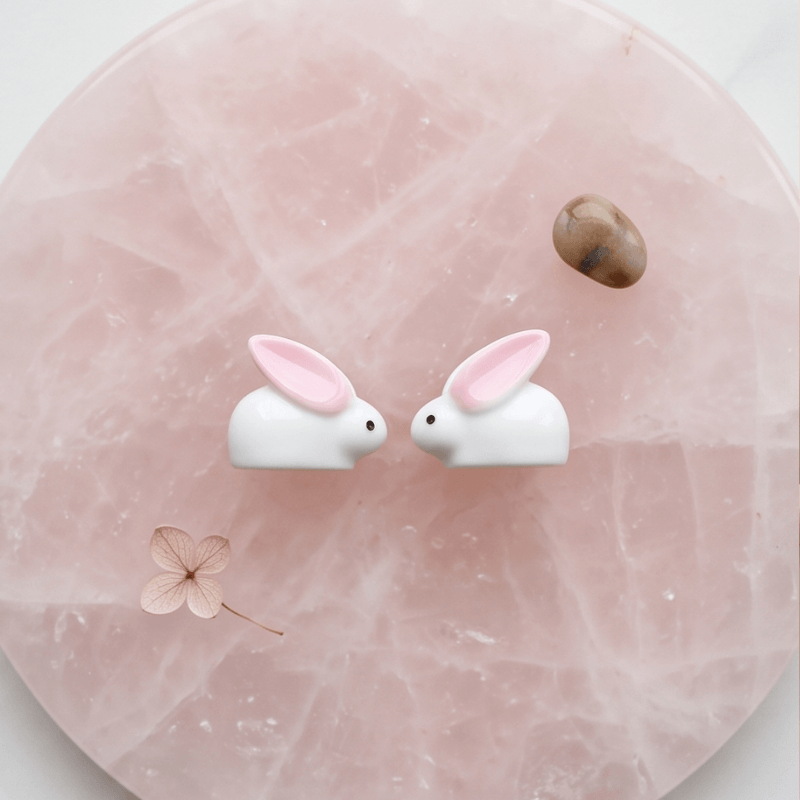 Miniature Ceramic-Style Loafing Bunny with Pink Ears Figurine | Fairy Garden Decor