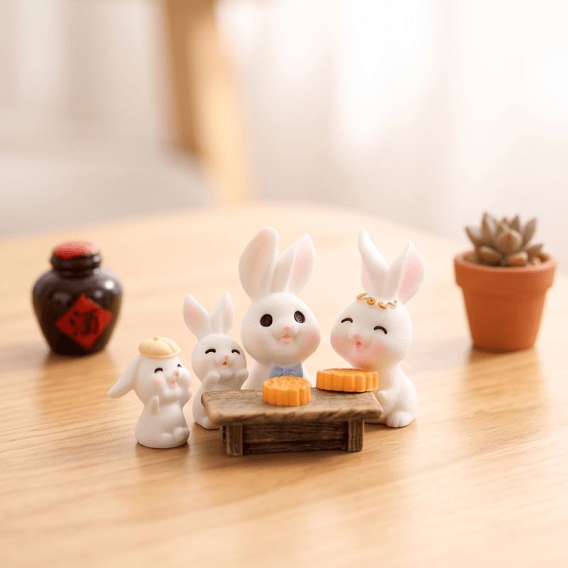 Miniature Bunny Family Gathering Figurines (Set of 4) | Cozy Dollhouse & Tabletop Accent