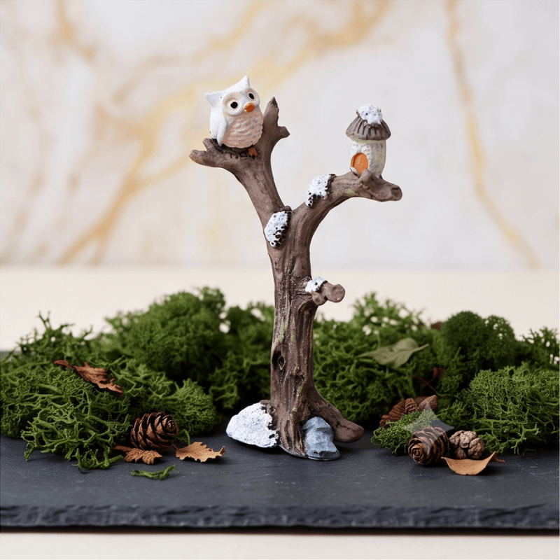 Winter Snowy Tree Branch with Owl & Birdhouse Miniature Figurine