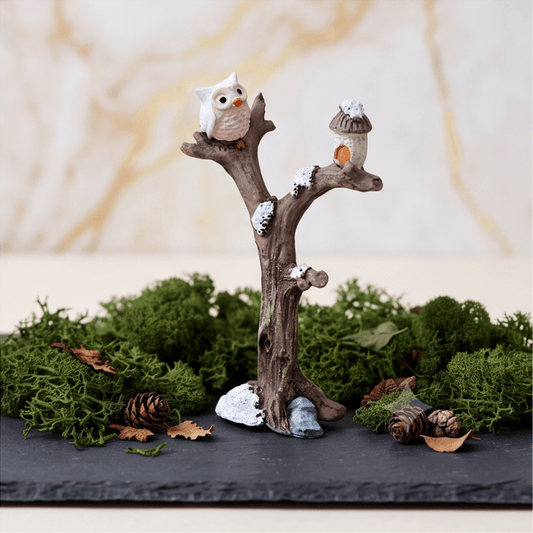 Winter Snowy Tree Branch with Owl & Birdhouse Miniature Figurine