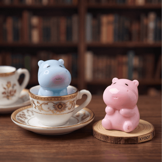 Two cute hippo-shaped ceramic tea infusers in pastel blue and pink, displayed on a wooden table with a blurred bookshelf background. One hippo is sitting inside an ornate white teacup with gold detailing, while the other sits on a round wooden coaster.
