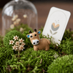 A small tan cow figurine with blue ears and black horns stands in green moss beside tiny white flowers, with a glass dome and a white card in the softly blurred background.