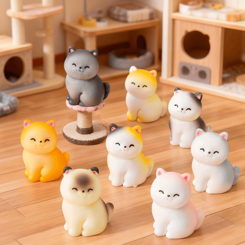 Miniature Sleepy Round Kitten Figurines (Set of 8) | Cat Desk & Shelf Decor