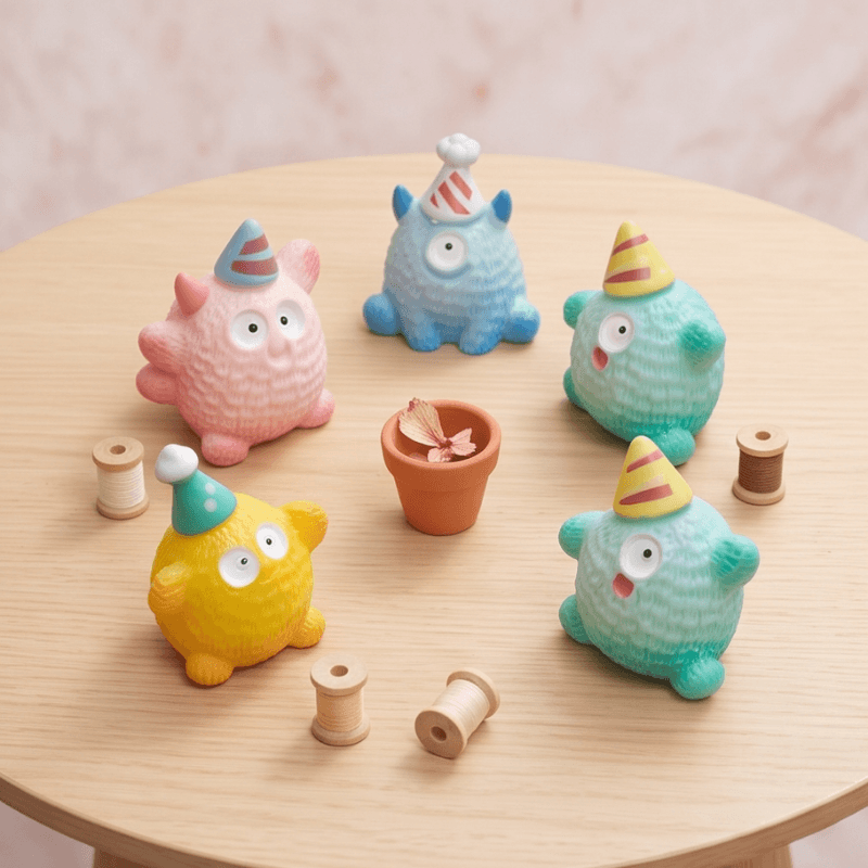 Miniature Fluffy Birthday Party Monster Figurines (Set of 5) | Colorful Desk Decor