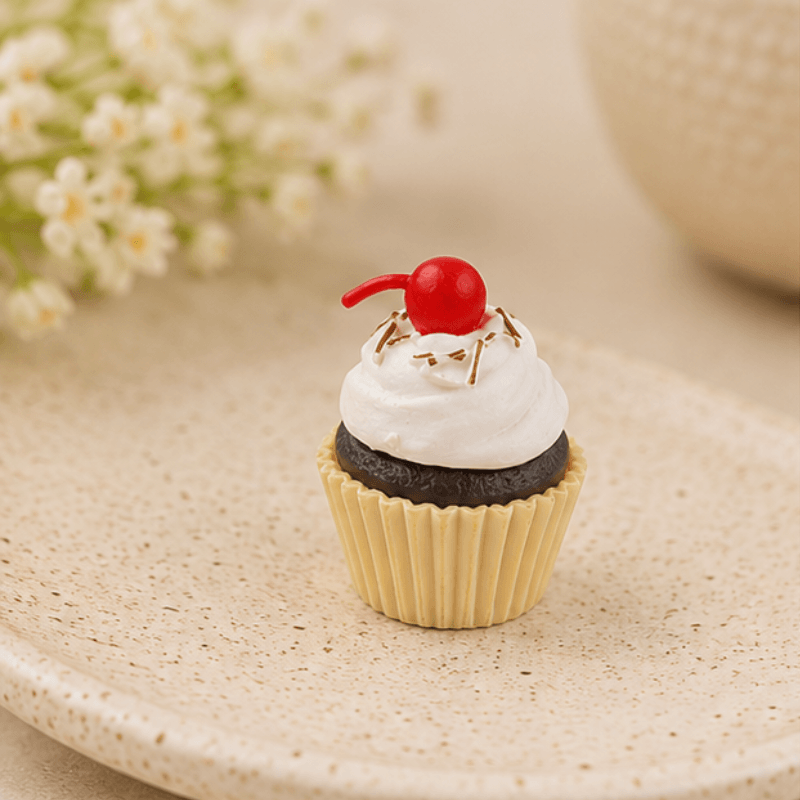 Miniature Chocolate Cupcake with Cherry Figurine - Dollhouse Dessert Prop
