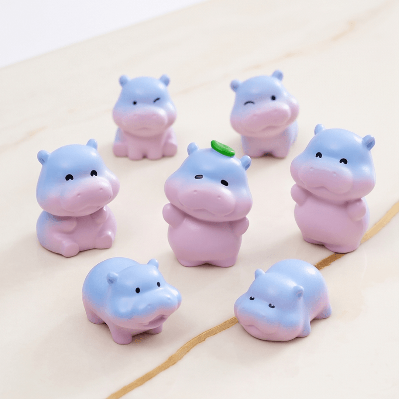 Pastel Blue-to-Pink Gradient Baby Hippo Miniatures - Set of 6
