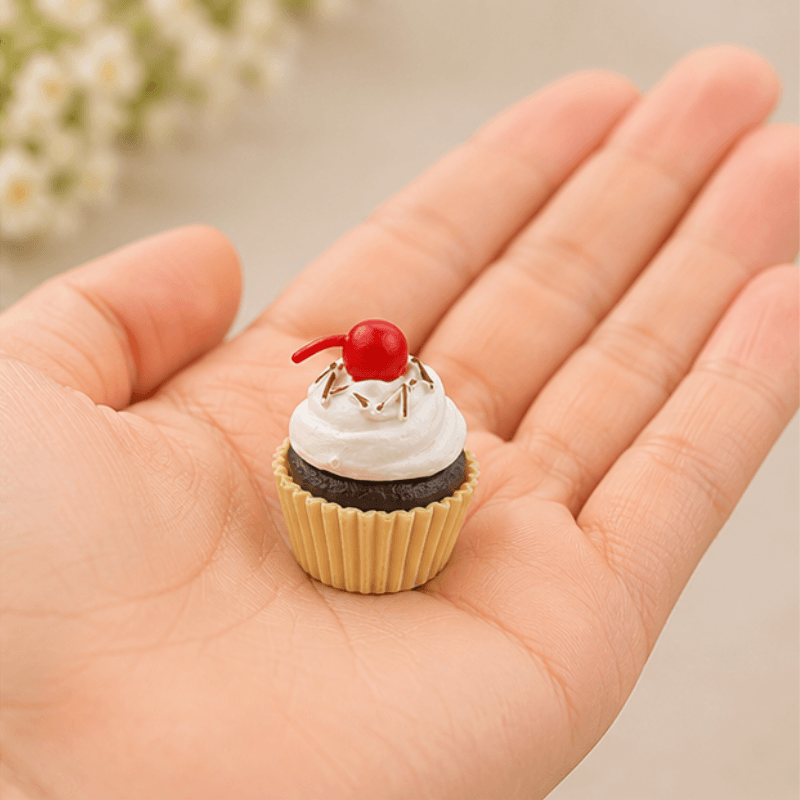 Miniature Chocolate Cupcake with Cherry Figurine - Dollhouse Dessert Prop