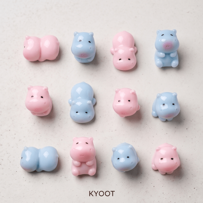 Twelve small hippo-shaped charms or beads arranged in a 3-by-4 grid on a light beige textured background. The set includes pink and light blue versions, with some showing the rear view and others showing the front view.