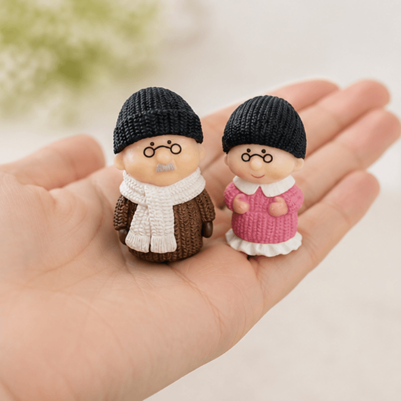 Miniature Cozy Winter Elderly Couple Figurines (Pair) | Cute & Sweet Tabletop Decor & Gift