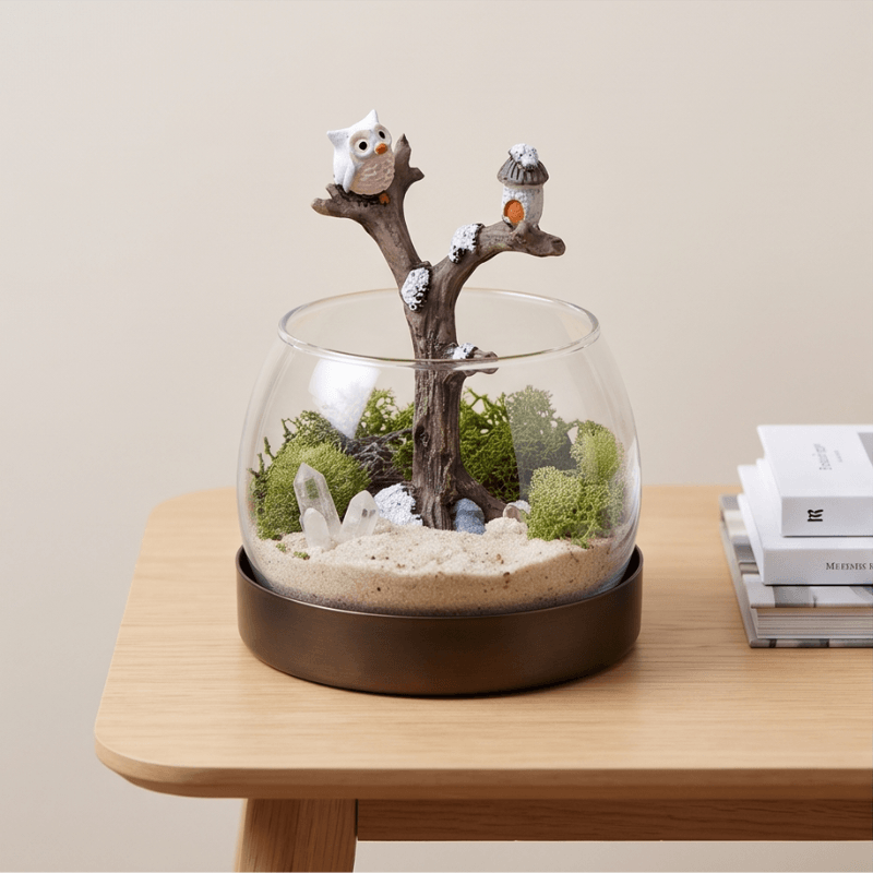 Winter Snowy Tree Branch with Owl & Birdhouse Miniature Figurine