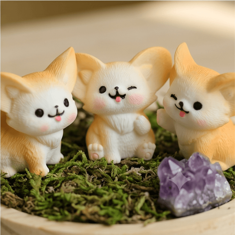 Playful Big-Eared Fox Miniatures in Cheerful Poses – Set of 3