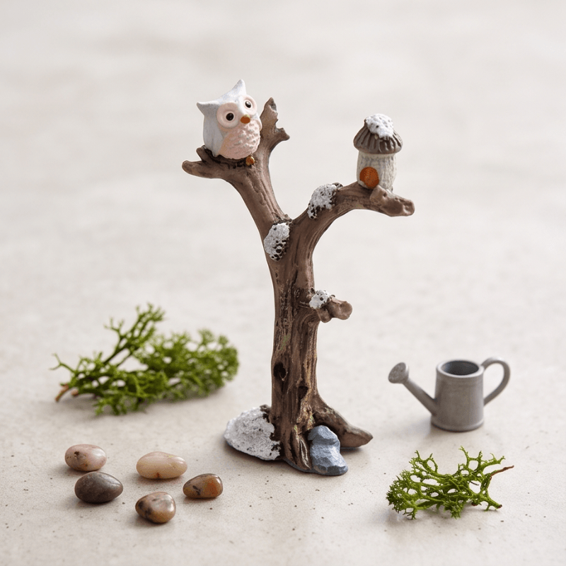 Winter Snowy Tree Branch with Owl & Birdhouse Miniature Figurine
