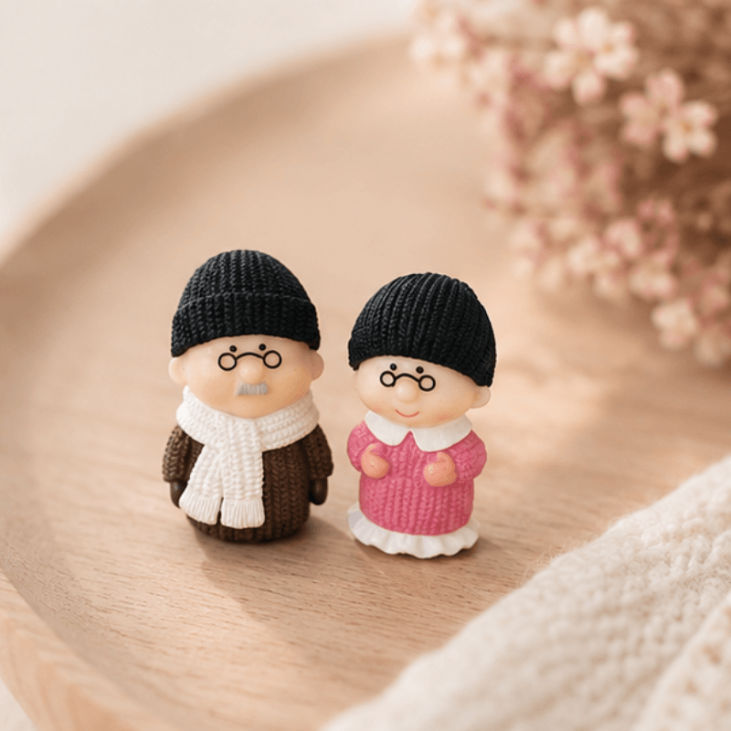Miniature Cozy Winter Elderly Couple Figurines (Pair) | Cute & Sweet Tabletop Decor & Gift