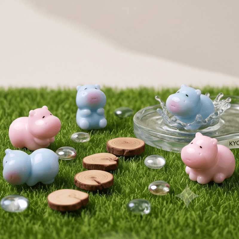 Four small hippo figurines in pastel pink and light blue are arranged on artificial green grass with clear glass stones and round wood slice props. One blue hippo is sitting in a clear shallow dish with water splashing around it.