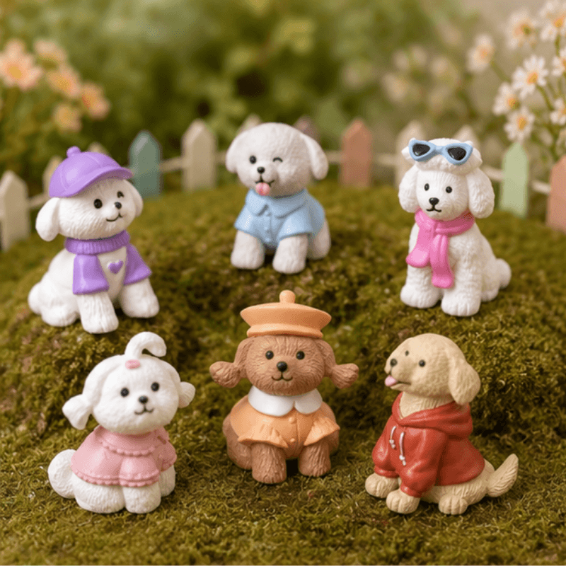 Miniature Fashion Dress-Up Dog & Poodle Figurines (Set of 6) | Chic Dollhouse Pets