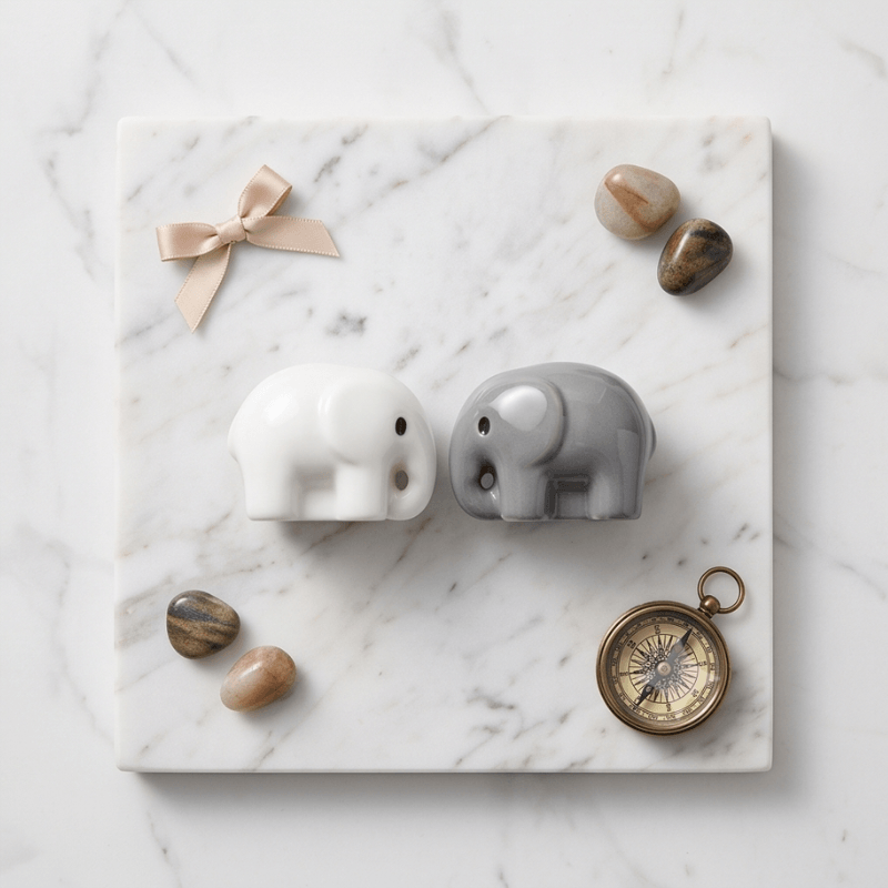 Minimalist Chubby Baby Elephant Miniatures – Set of 2 (Grey & White)
