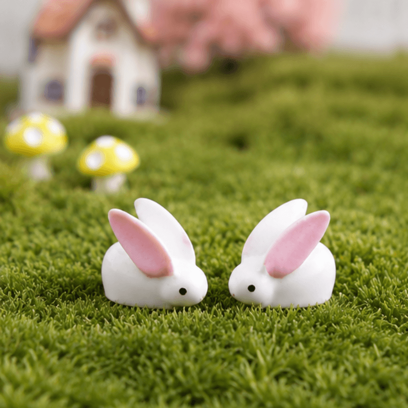 Miniature Ceramic-Style Loafing Bunny with Pink Ears Figurine | Fairy Garden Decor