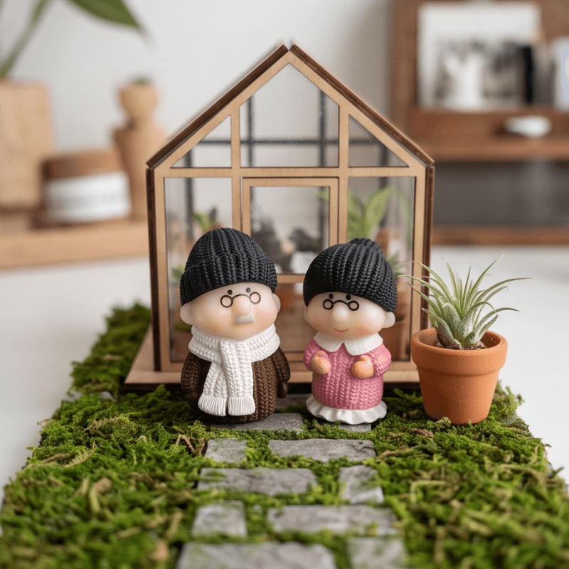 Miniature Cozy Winter Elderly Couple Figurines (Pair) | Cute & Sweet Tabletop Decor & Gift