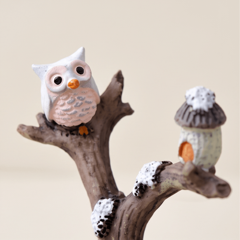 Winter Snowy Tree Branch with Owl & Birdhouse Miniature Figurine