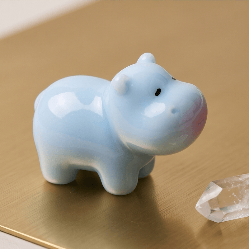 A glossy light blue hippo figurine standing on a brushed gold surface, with a clear crystal visible at the lower right.