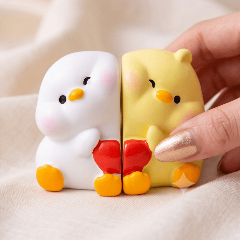 Two small cartoon duck figurines sitting side by side, one white and one yellow, each holding a red heart, with a person's hand touching the yellow one, on a soft beige fabric background.