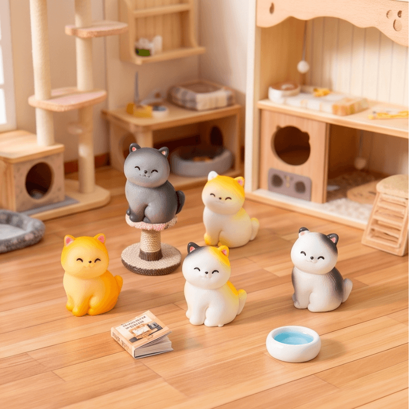 Miniature Sleepy Round Kitten Figurines (Set of 8) | Cat Desk & Shelf Decor