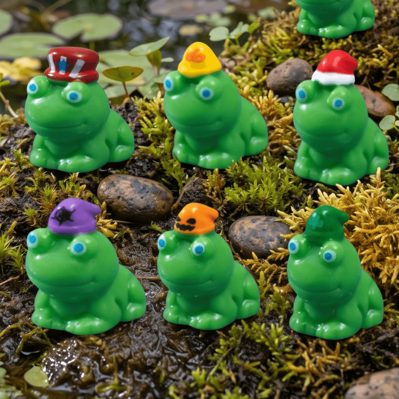 Animal Frog Miniatures with Festive Hats – Set of 7