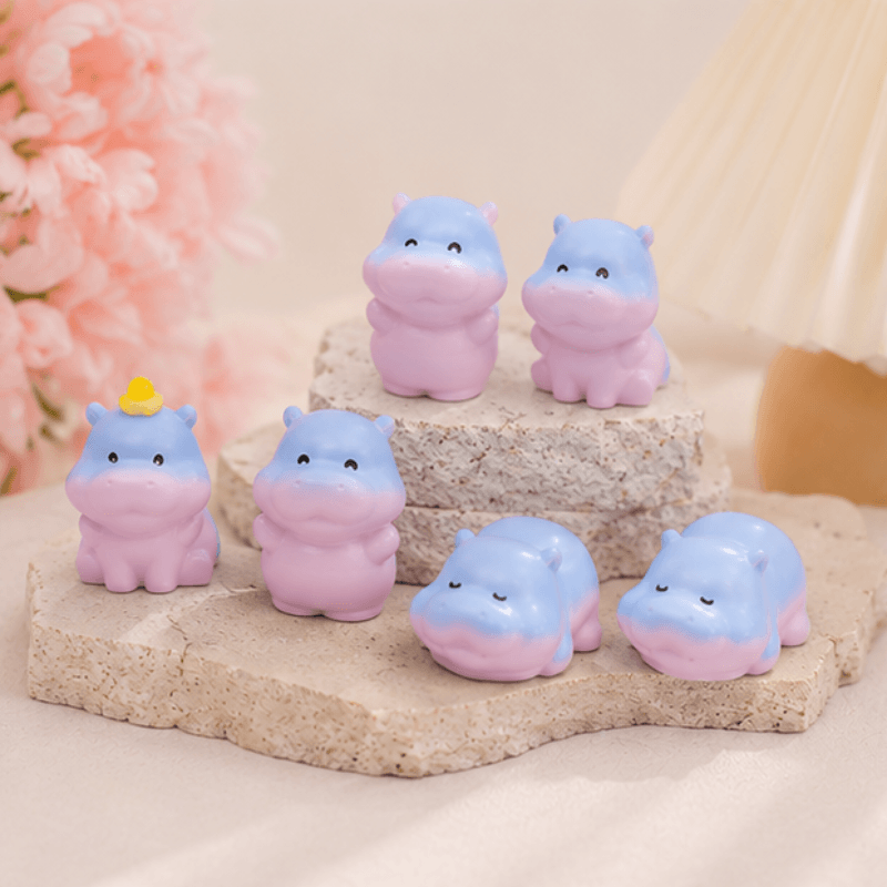 Pastel Blue-to-Pink Gradient Baby Hippo Miniatures - Set of 6