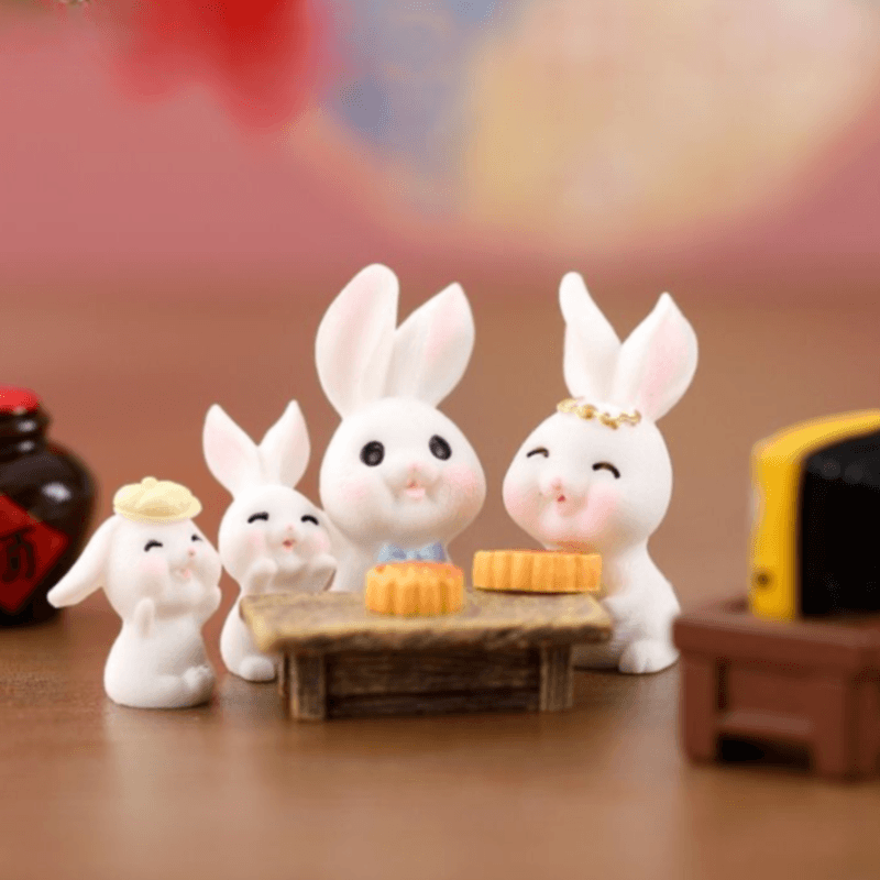 Miniature Bunny Family Gathering Figurines (Set of 4) | Cozy Dollhouse & Tabletop Accent