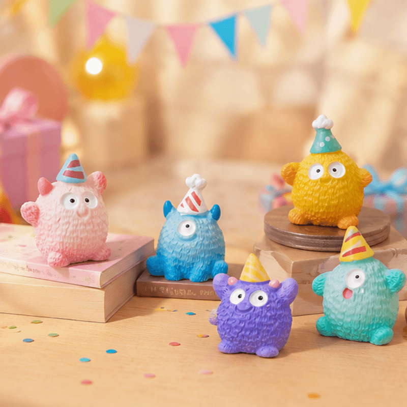 Miniature Fluffy Birthday Party Monster Figurines (Set of 5) | Colorful Desk Decor