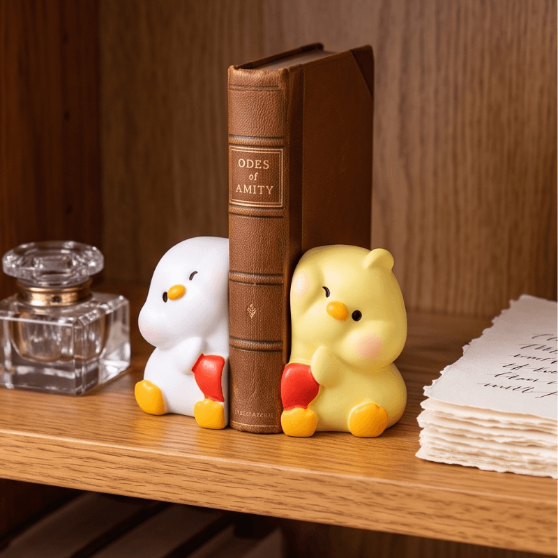 Two cute cartoon duck bookends holding a brown faux-leather book upright on a wooden shelf. One duck is white with yellow accents and holds a red heart, and the other is yellow with pink cheeks and yellow accents, also holding a red heart.