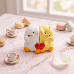 A split two-tone novelty item, likely a piggy bank or decorative figurine, featuring a white left half and a yellow right half holding a red heart. The characters have orange beaks and feet with pink cheeks.