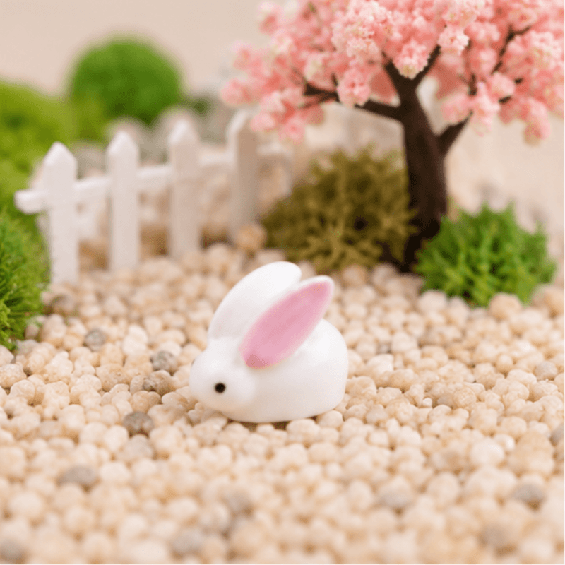 Miniature Ceramic-Style Loafing Bunny with Pink Ears Figurine | Fairy Garden Decor