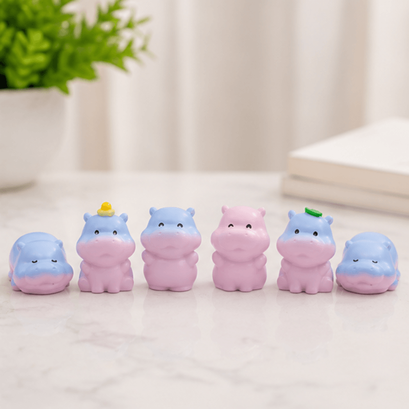 Pastel Blue-to-Pink Gradient Baby Hippo Miniatures - Set of 6