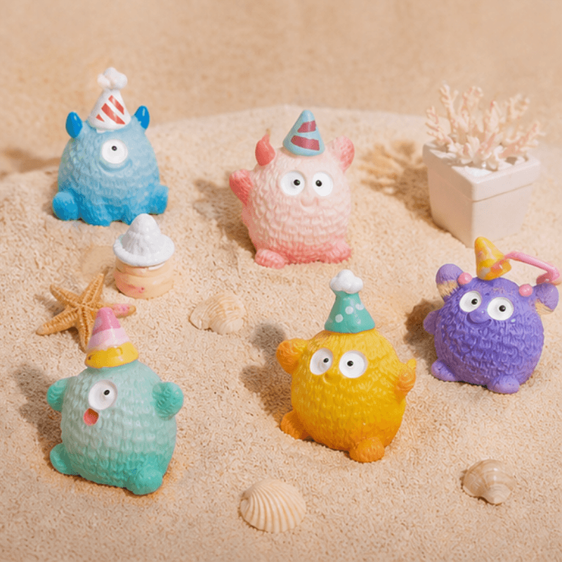 Miniature Fluffy Birthday Party Monster Figurines (Set of 5) | Colorful Desk Decor