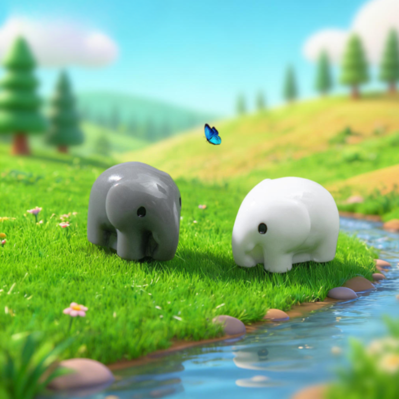 Minimalist Chubby Baby Elephant Miniatures – Set of 2 (Grey & White)