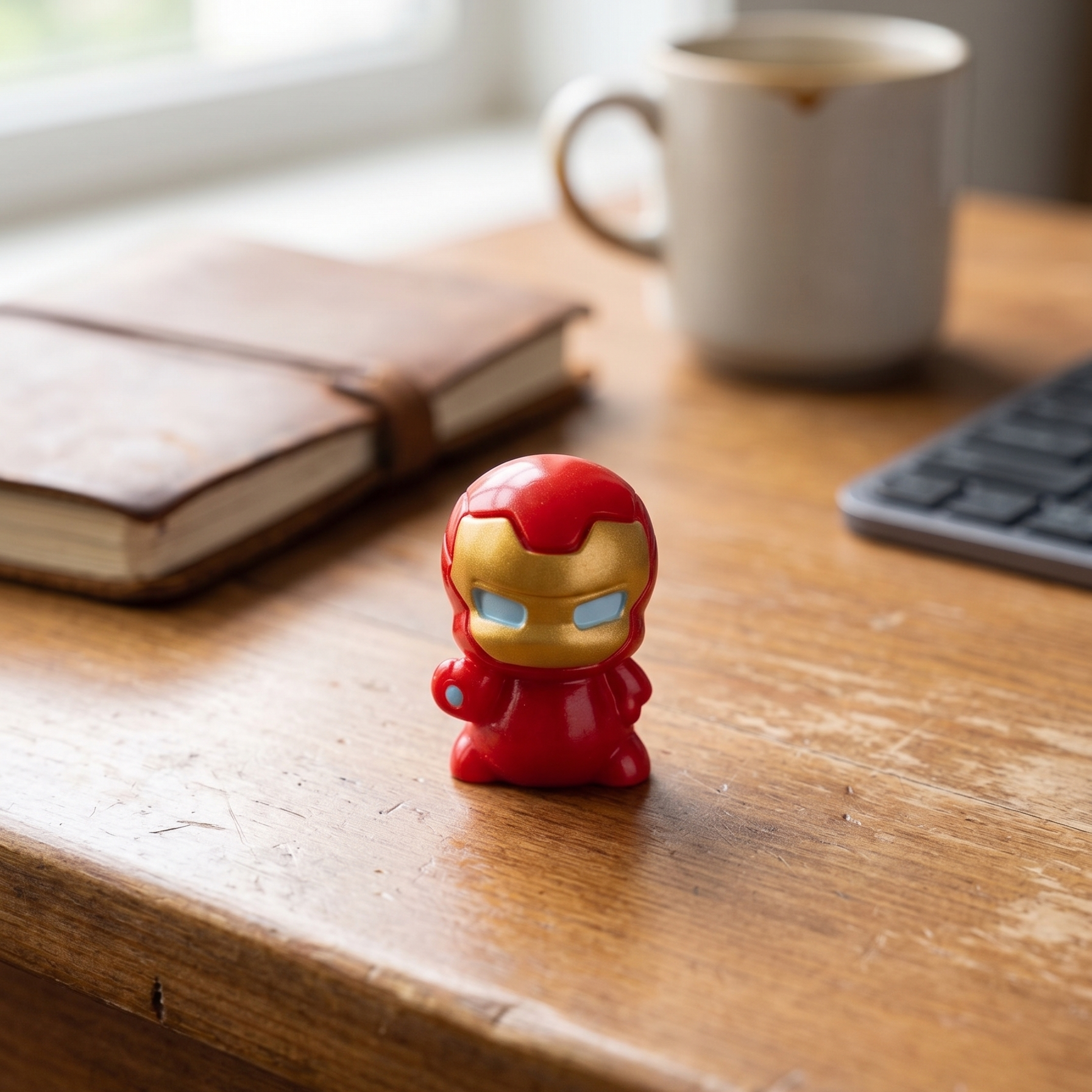A small red and gold Iron Man-style figurine stands on a wooden desk in a real indoor setting, with a notebook, mug, and keyboard blurred in the background.
