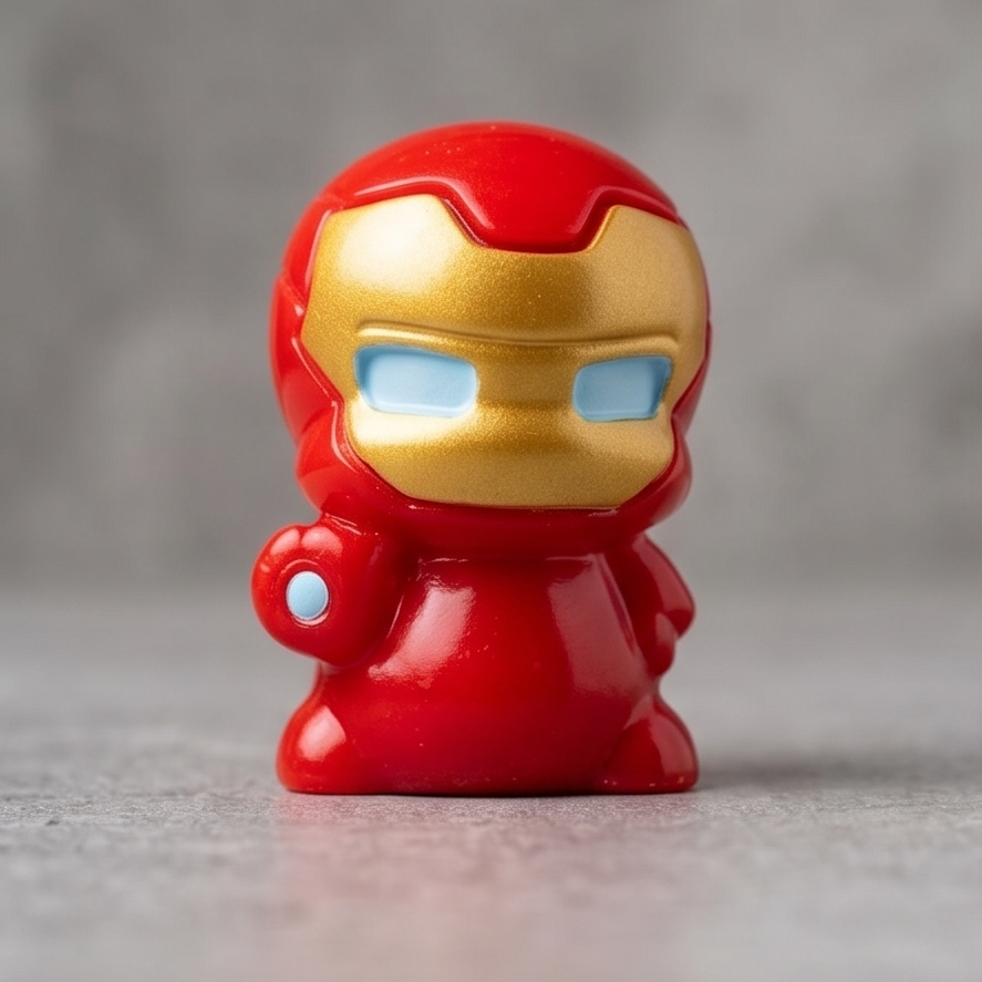 A small red and gold toy figure resembling Iron Man, shown in multiple close-up and distance views on a neutral gray background.
