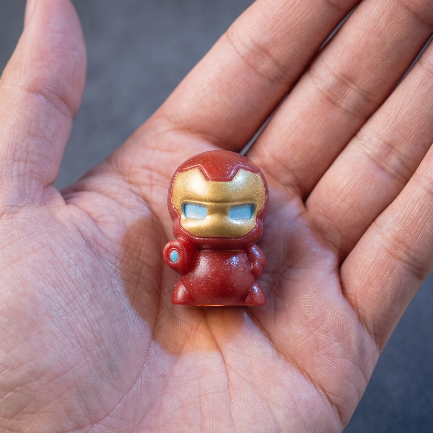 A small Iron Man collectible figure with a glossy red and gold finish, held in the palm of a person's hand against a dark gray background.