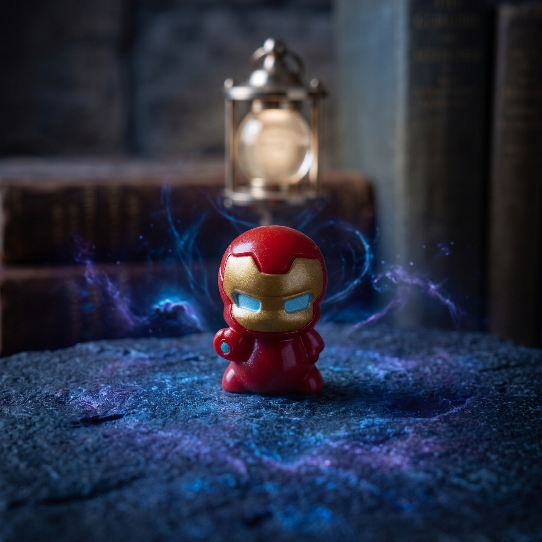 A small chibi-style Iron Man figurine stands on a dark textured surface with glowing blue and purple energy effects around it. A lantern and old books are blurred in the background in a dim, atmospheric setting.

Chibi superhero miniature resting on a glowing blue pedestal desk display