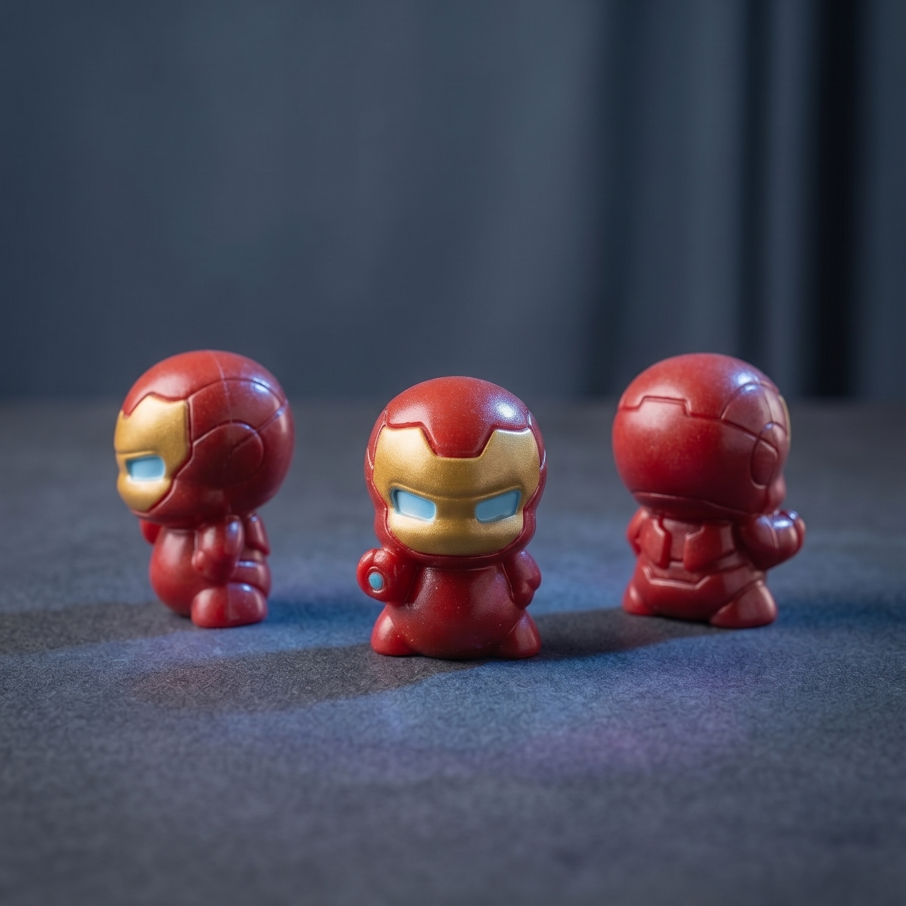 Three small Iron Man chibi figurines in red and gold armor are arranged on a dark surface against a dark gray background, with the center figure facing forward and the side figures turned sideways.

Three front and back views of a mini iron superhero figurine
