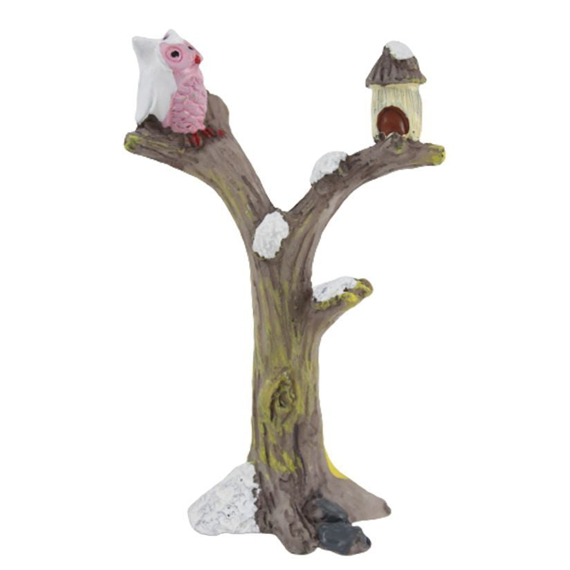 Winter Snowy Tree Branch with Owl & Birdhouse Miniature Figurine