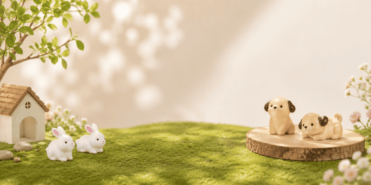 A styled miniature garden scene with two small white rabbits beside a tiny house on the left, and two small beige dog figurines on a round wood slice on the right, set on green artificial grass against a soft cream backdrop with dappled light and blurred flowers.